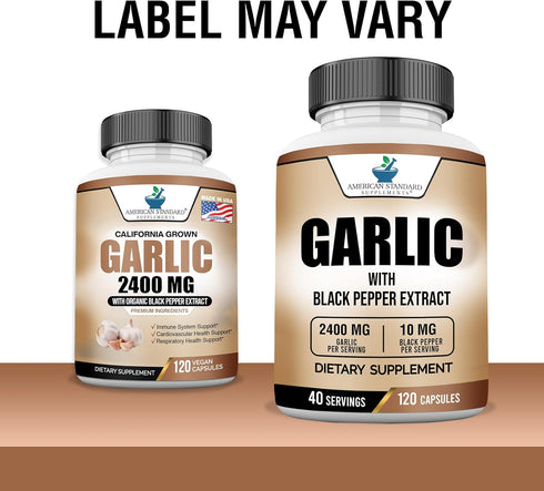 American Standard Supplements Garlic 2400mg Per Serving with Black Pepper Fruit Extract – Vegan, Gluten Free, Non-GMO, 120 Capsules, 40 Servings