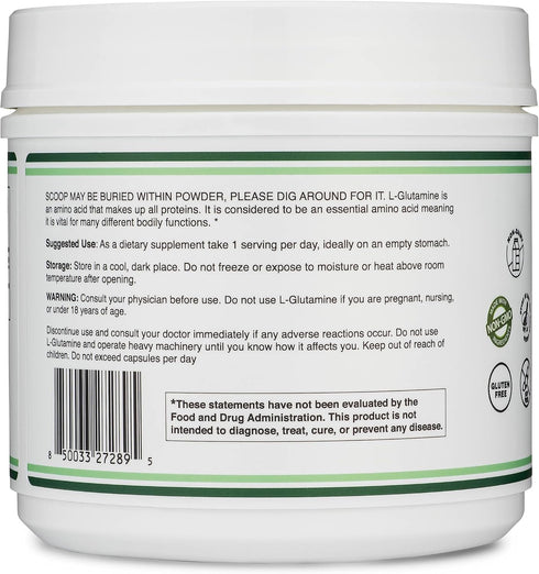 L Glutamine Powder 1.1lbs - 100 Servings of Unflavored L-Glutamine, Third Party Tested, Keto & Vegan Friendly by Double