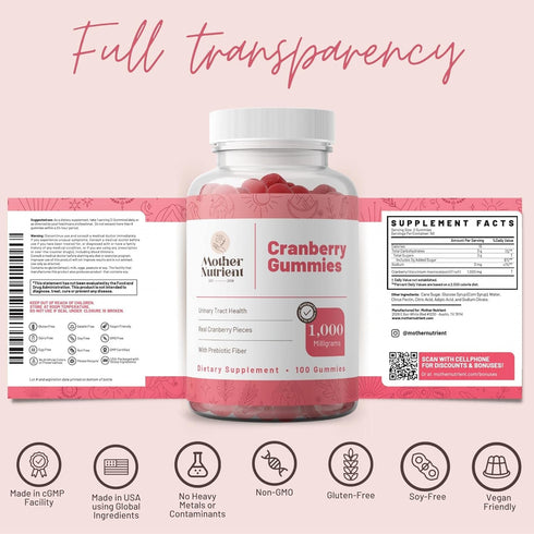 Mother Nutrient Cranberry Gummies for Women & Kids - 1,000mg Pure Cranberry Extract, Gluten-Free, Non-GMO, Vegan