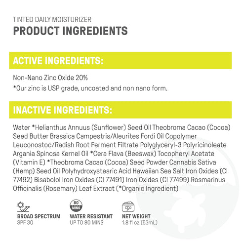 Raw Elements Tinted Daily Face Moisturizer, All-Natural Mineral Sunscreen, SPF 30, 1.8oz, Reef Safe