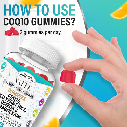 Coq10 Gummies with Red Yeast Rice, Magnesium, Omega 3, Niacin, Zinc, Vitamin K2, D3, B3, 60 Chews, Heart Health Support