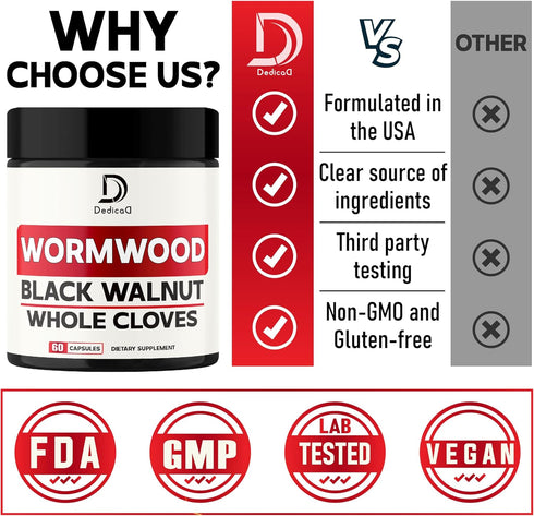Wormwood Capsules with 12 Herbs, Black Walnut Leaves, Ginger Root, Turmeric Curcumin, and More for Health
