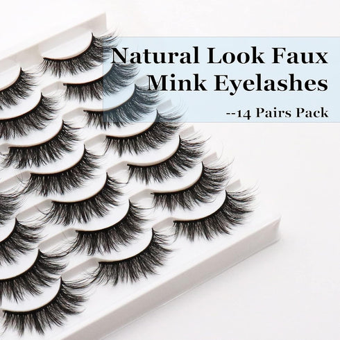 Losha Eyelashes Natural Look Faux Mink Lashes Pack, Handmade Fluffy False Eyelashes, 14 Pairs Cat Eye Lashes