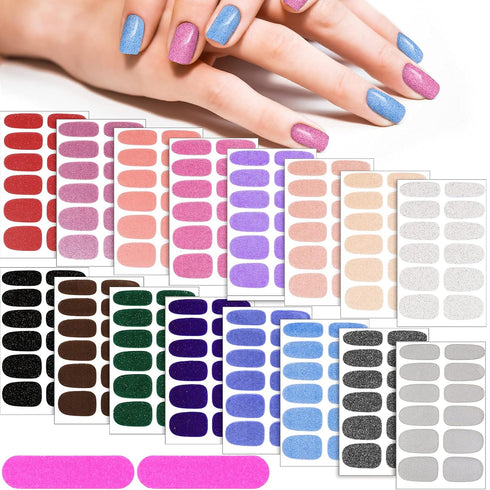 Maitys Glitter Nail Wraps Polish Strips, 16 Sheets Self Adhesive Solid Color Fingernail Stickers with 2 Nail Files