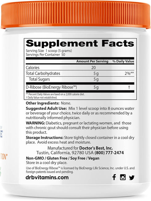 Doctor's Best D-Ribose with Bioenergy Ribose, Non-GMO, Vegan, Gluten Free, Energy Enhancement, 250g, 8.8 Ounce (Pack of