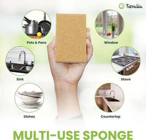 Set 12-Pack Tieralia Natural Dish Sponge Eco-Friendly & Compostable Scrubbers | Cellulose & Sisal | Non-Toxic