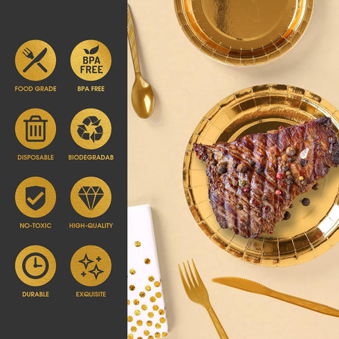 175 Pieces Gold Disposable Party Dinnerware Set - Gold Plates, Napkins, Cups, Plastic Forks, Knives, Spoons