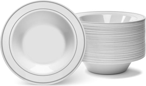 Silver Rimmed White Bowls, 5 Ounce, 50 Count, Hard Plastic, Disposable or Reusable Dessert, Salad, Cereal, Pasta Bowls