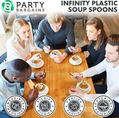 Party Bargains 40 Pack Disposable Plastic Navy Gold Soup Spoons, Infinity Modern Design Utensils