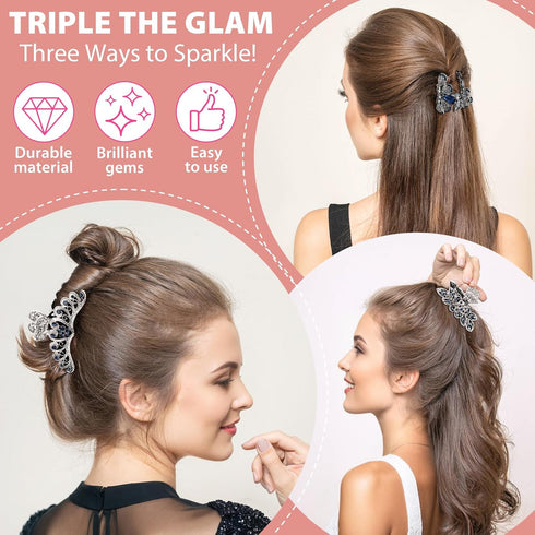 kilofly 3pc Vintage Crystal Hair Claw Clips, Long Thick Hair Metal Clamps