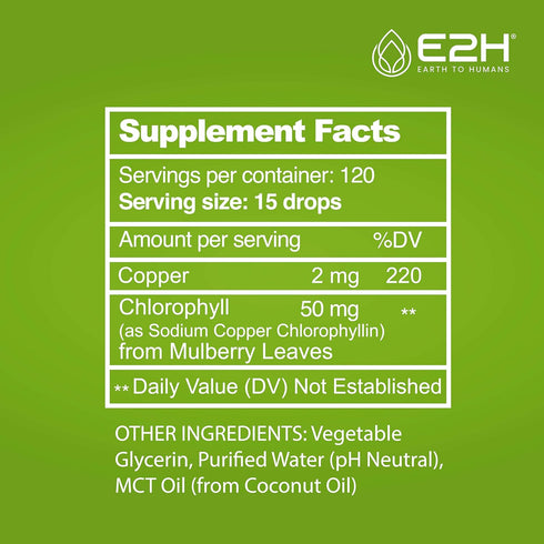 E2H Chlorophyll Liquid Drops, All-Natural Energy Booster, 2 Fl Oz, Vegan, Gluten Free