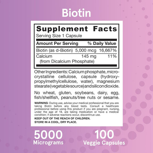 Jarrow Formulas Biotin Ultra Strength 5000 mcg, Hair, Skin, Nails Support, 100 Veggie Capsules