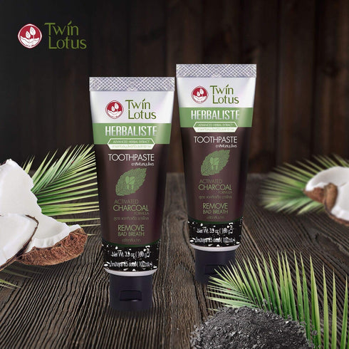 Twin Lotus Activated Charcoal Toothpaste - Teeth Whitening Herbal, Fluoride Free & No SLS for Sensitive Teeth, Coconut