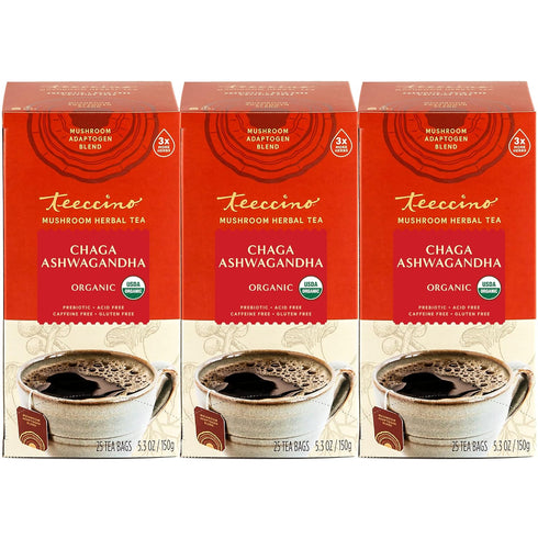 Teeccino Chaga Ashwagandha Tea - Butterscotch Cream - Organic Adaptogenic Herbal Tea, 25 Tea Bags Pack of 3