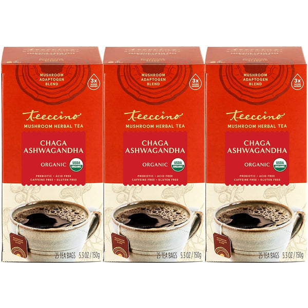 Teeccino Chaga Ashwagandha Tea - Butterscotch Cream - Organic Adaptogenic Herbal Tea, 25 Tea Bags Pack of 3
