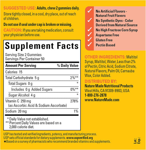 Nature Made Zero Sugar Vitamin C Gummies, 250 mg per Serving, 100 Count - Immune & Antioxidant Support