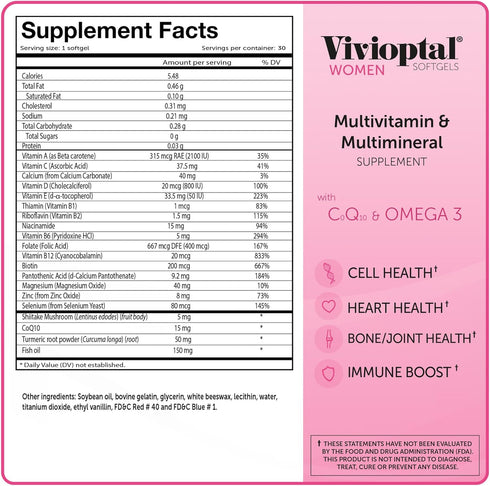 Vivioptal Women Multivitamin & Multimineral Supplement, 30 Softgels - CoQ10 & Omega 3