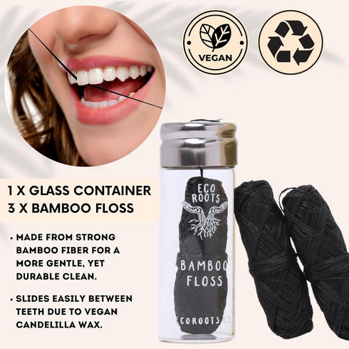 Natural Bamboo Dental Floss: 1 Refillable Glass Container + 3 Biodegradable Floss Refills (33 Yards Each), Eco-Friendly
