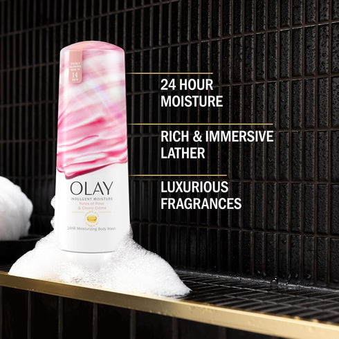 Olay Indulgent Moisture Body Wash for Women, Infused with Vitamin B3, 24hr Moisture, Rose and Cherry Creme Scent