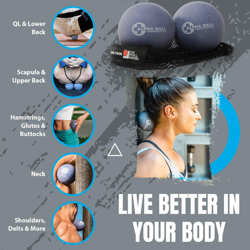 Tune Up Fitness Alpha Twin Set in Tote, Larger Sized Yoga Massage Therapy Balls for Pain Relief