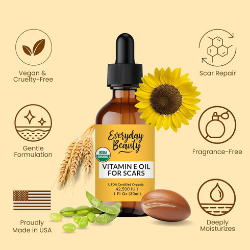 Organic Vitamin E Oil for Scars - All Natural & Vegan Skin Moisturizer 1oz - Light and Unscented for Scars, Wrinkles,
