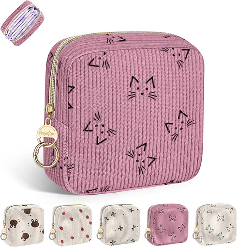 Period Bag for Teen Girls, Corduroy Cute Cats Sanitary Napkin Storage Bag,