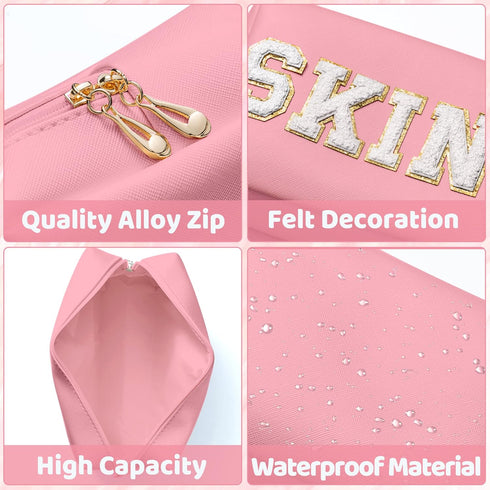 Y1tvei Preppy Patch Cosmetic Toiletry Bag, White Letter Pink, PU Leather, Portable Makeup Storage Pouch