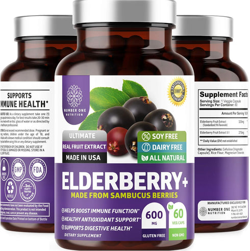 N1N Premium Black Elderberry Capsules, 60 Veg Caps, Max Strength, Pure Sambucus Nigra for Immunity & Skin Health