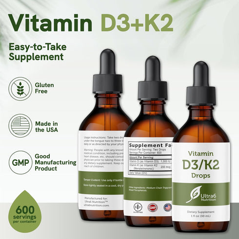 Vitamin D and K2 Drops, Liquid Vitamin D3 with K2 Supplements for Adults, Flavor-Free, 30 ml