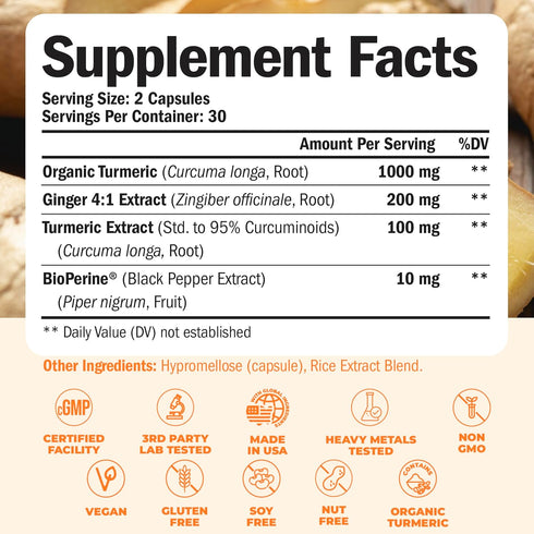 Turmeric Supplement with Ginger Root for Joint & Digestion Support, 60 Caps