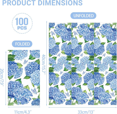 SMUAENSS 100 3-Ply Summer PCS Hydrangea Paper Napkins, Blue Hydrangea Floral Paper Napkins Disposable Hand Towels