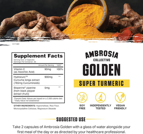 Ambrosia Golden Super Turmeric - Bioavailable Curcumin for Gut & Brain Health, 765mg Active Curcuminoids