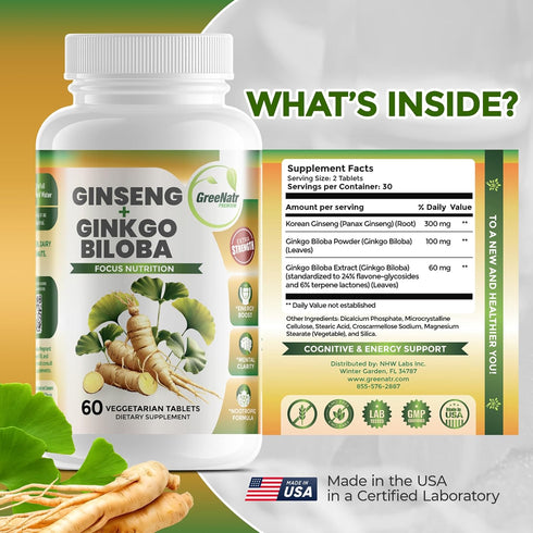Ginkgo Biloba & Panax Ginseng Supplement, Red Ginseng Brain Supplement for Memory, 60 Tablets