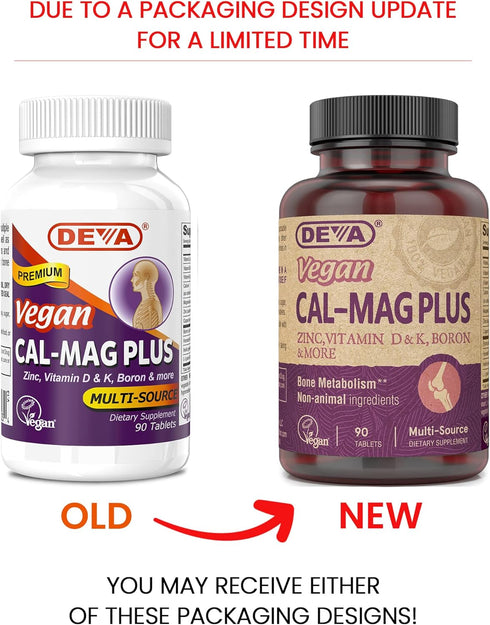 DEVA Vegan Calcium Magnesium Supplement Plus, Zinc, Vitamin C, Vitamin D, Vitamin K, Boron, Sugar Free & Gluten Free, 90-Tablets, 2-Pack