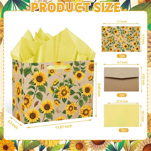 SUNDECO Large Sunflower Gift Bag with Yellow Tissue Paper and Greeting Card, Sunflower Wrapping Paper for Women, Girl