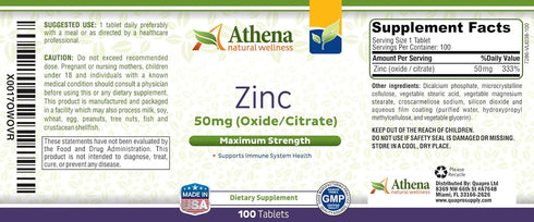 Athena Zinc Supplement Tablets 50mg - 100 Coated Tablets - Oxide/Citrate