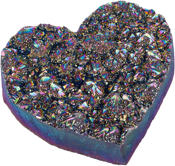 mookaitedecor Titanium Coated Natural Rock Quartz Heart-Shape Crystal Cluster Geode for Reiki Healing Home Decoration