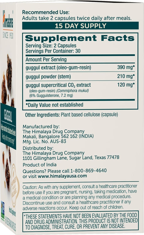 Himalaya Guggul, Cholesterol Supplement for Healthy LDL, HDL, and Triglyceride Levels, 750 mg, 60 Vegetarian Capsules,