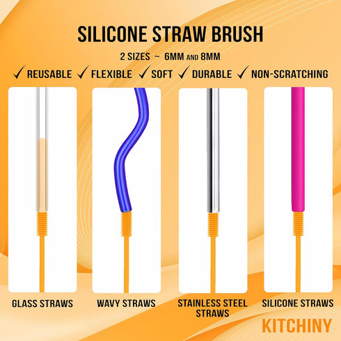 Kitchiny 12.5" Set Silicone Bottle Brush & Straw Cleaner Brush | Water Bottle Cleaner for Hydro Flasks, Tumblers