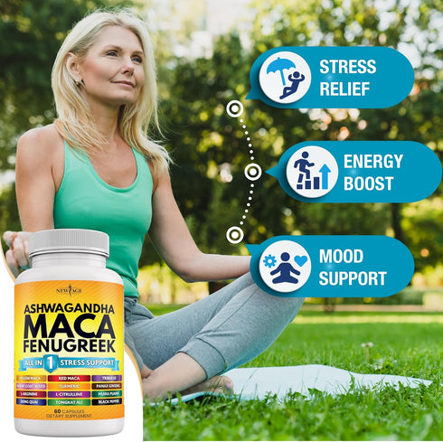 NEW AGE 5000mg Ashwagandha, 5000mg Maca Root, 3000mg Fenugreek Supplement with Ginseng & Tongkat Ali - 120 Count