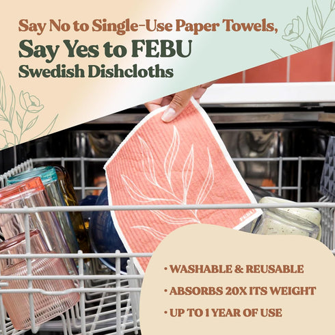 FEBU Swedish Dishcloths for Kitchen | 5 Pack Faded Summer Dish Towels | Reusable Paper Towels Washable | Non-Scratch Cellulose Sponge Cloths | No Odor, Biodegradable, Swedish Cloths by FEBU