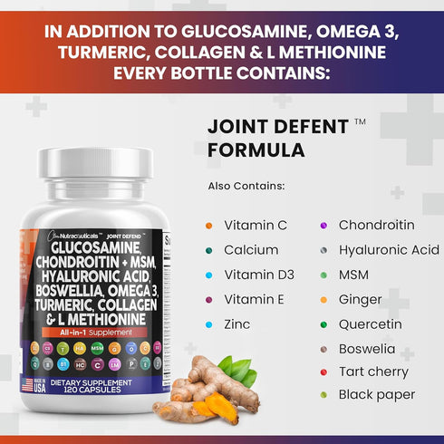 Clean Nutraceuticals Joint Support Supplement - Glucosamine Chondroitin MSM Turmeric with Omega 3 & 120 Count Capsules