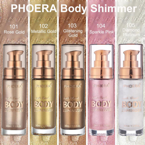 PHOERA Body Shimmer Oil, Bronzer Shimmer Highlighter with Body Makeup Brush, Self Tanning Lotion, 1oz/Jars (2PCS 103