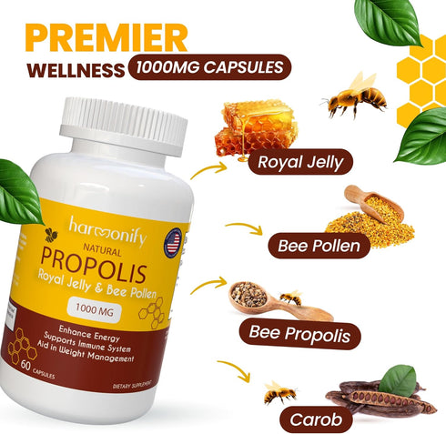 Bee Pollen Propolis Royal Jelly Extract | 1000 mg | Pure Immune Support Supplement | Gluten-Free, Vegetarian Capsules