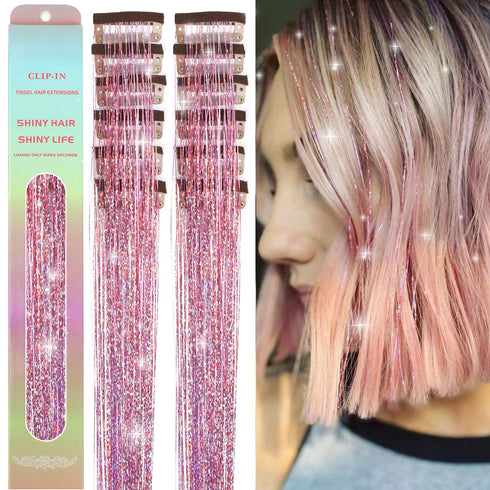 12Pcs Clip in Hair Tinsel, 23.6Inch Pink Glitter Hair Extensions, Heat Resistant Fairy Hair Kit