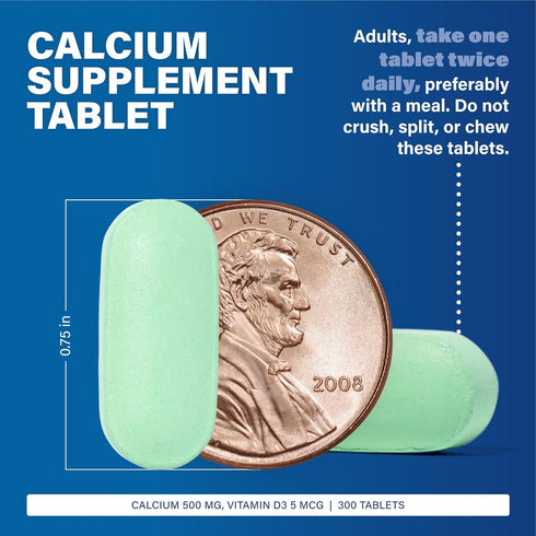 Major Oyster Shell Calcium with Vitamin D3, 500 mg / 5 mcg (200 IU) - Daily Calcium Supplement, 300 Tablets