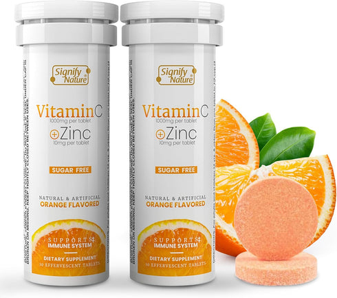 Effervescent Vitamin C 1000mg Tablets - Immune Support with Zinc, Sugar-Free & Vegan, 20CT
