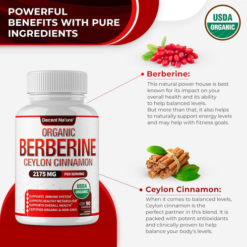 Organic Berberine with Ceylon Cinnamon 2175mg - Premium USDA Organic Supplement, Non-GMO Vegan, 90 Capsules