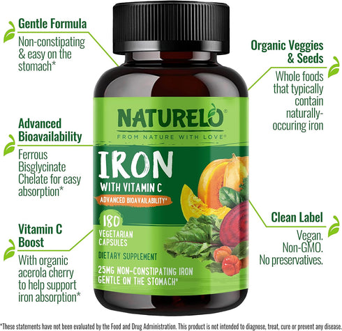 NATURELO Vegan Iron Supplement with Vitamin C and Organic Whole Foods - Gentle Iron Pills for Women & Men, 180 Mini