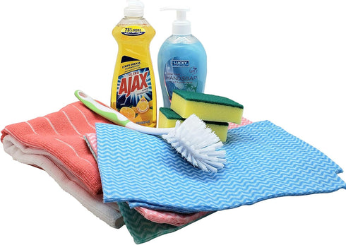 The Bare Necessities Dorm Room All Inclusive Kitchen Cleaning Kit comes with Dish soap, Sponges, Soap Hand Wash & More